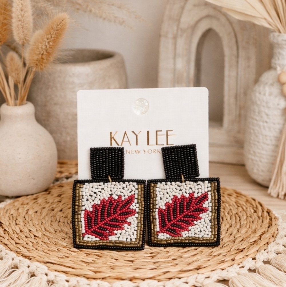 Kay Lee Square Leaf Beaded Earrings New